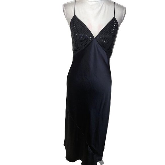 Victoria’s Secret Womens Slip Dress Black Size Medium Embellished Satin Tie Back
